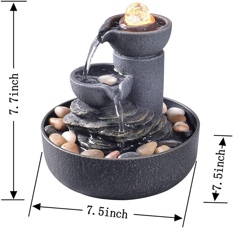 GOSSI Tabletop Fountain Indoor Fountain 2-Tiered Water Meditation Decorative Waterfall w/LED/Cobblestone/Glass Rolling Ball Soothing Sounds for Office and Home - Image 2